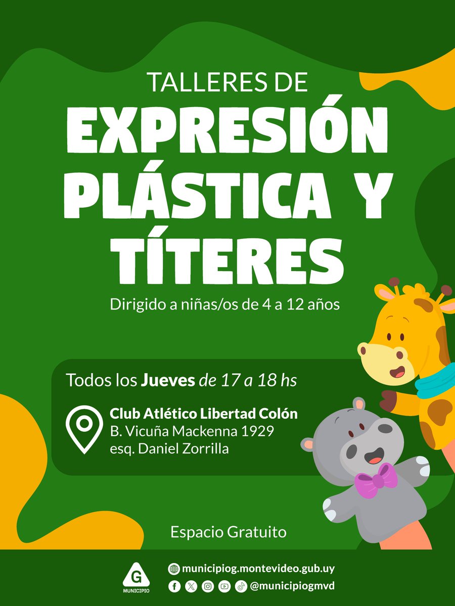 Todos los 📅 jueves de 17 a 18hs, se estarán dictando distintos talleres completamente libres y gratuitos de expresión plástica y títeres orientados a niñas y niños 👉🏻 de 4 a 12 años.

📍 Las jornadas se realizarán en el Club Atlético Libertad Colón (B. Vicuña Mackenna 1929).