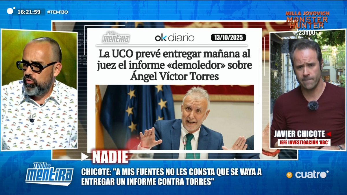 Chicote: "A mis fuentes no les consta que se vaya a entregar un informe contra Torres"

#TEM13O
cuatro.com/en-directo/
