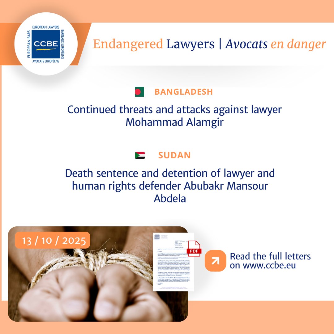 📢Nouvelles lettres du CCBE en soutien aux #Avocatsendangeren #Bangladesh et #Sudan :
 🔎Bangladesh : ccbe.eu/fileadmin/spec… 
 🔎Sudan : ccbe.eu/fileadmin/spec…