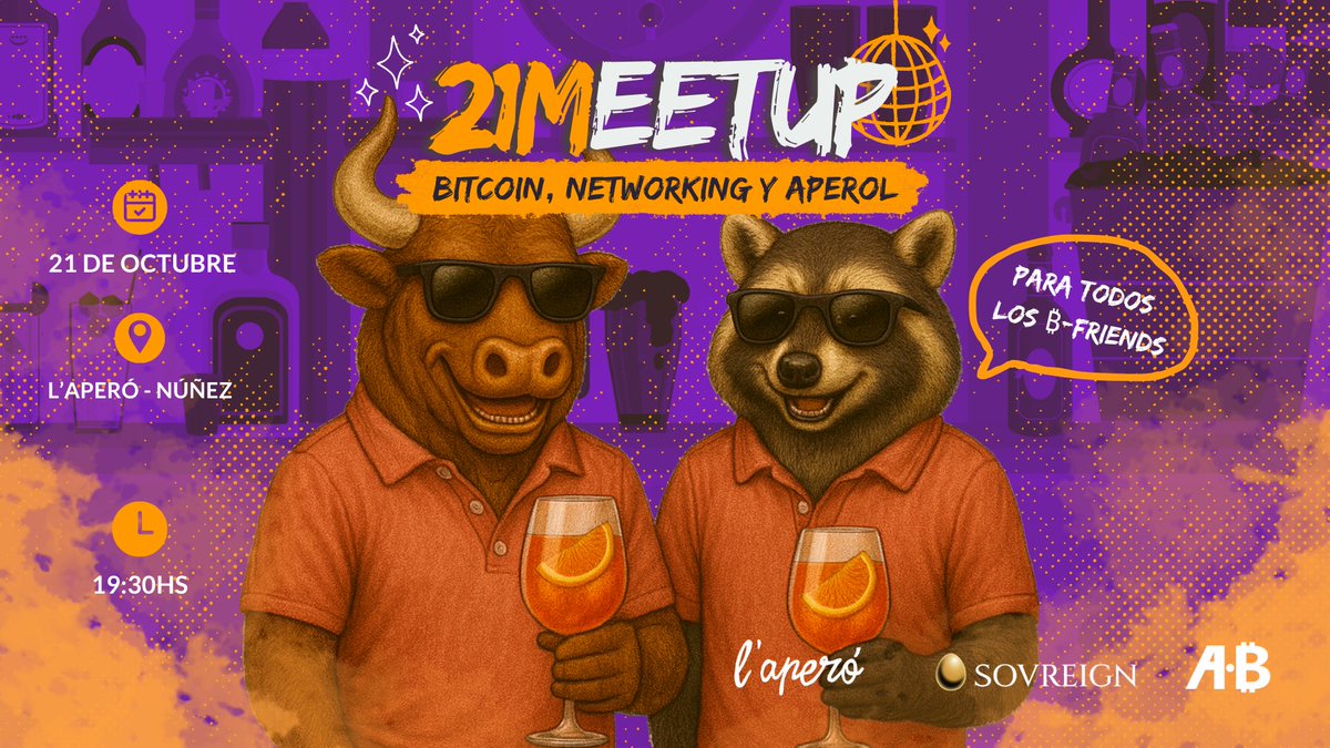 🔥 El próximo martes es 21… y ya sabés lo que eso significa 😉
¡Tenemos 21MeetUp especial BITCOIN &amp; APEROL! 🍊

📅 Martes 21/10 – 19:30 hs
📍 L’Aperó, Iberá 1800, Núñez

Networking, mucho Bitcoin y el toque especial de <a href="/SovreignX/">Sovreign</a> para seguir disfrutando de la marea naranja 🧡