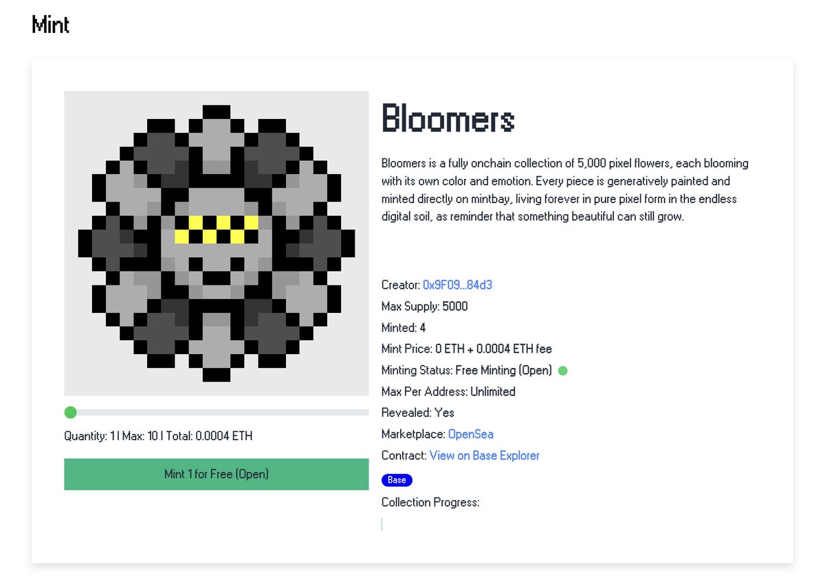 🌼 Are you ready for the BLOOMERS by <a href="/meta_person/">metaperson</a>? 

A new fully on-chain collection is blooming today on <a href="/base/">Base</a> 🟩

✨ Bloomers is a collection of 5,000 pixel flowers, 
each one blooming with its own color, emotion and life.

Every piece is generatively painted and minted