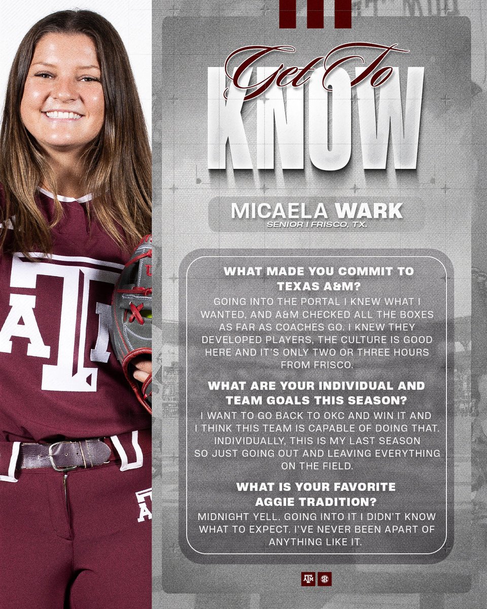 Texas A&M Softball (@aggiesoftball) on Twitter photo GTK: Transfer Micaela Wark 1️⃣4️⃣
🔗 aggi.es/4oagvI8
#GigEm GTK: Transfer Micaela Wark 1️⃣4️⃣
🔗 aggi.es/4oagvI8
#GigEm