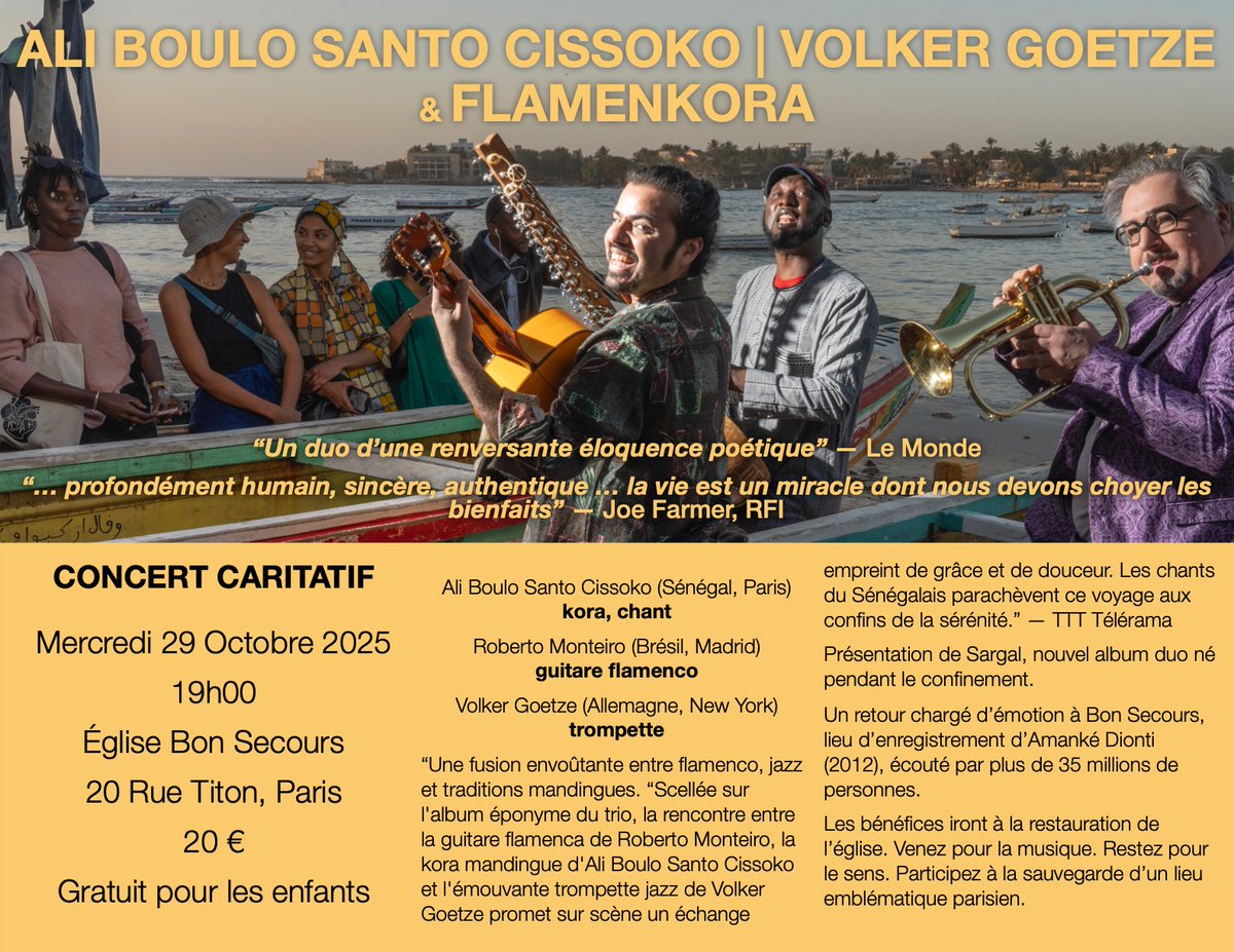 FLAMENKORA &amp; SARGAL

Benefit concert at Église Bon Secours, Paris — where Amanké Dionti was born.
Oct 29, 2025
20 Rue Titon, Paris
A fusion of flamenco, jazz &amp; Mandinka soul.
#Flamenkora #Sargal #LiveInParis #JazzWorldFusion #GRAMMYConsideration
