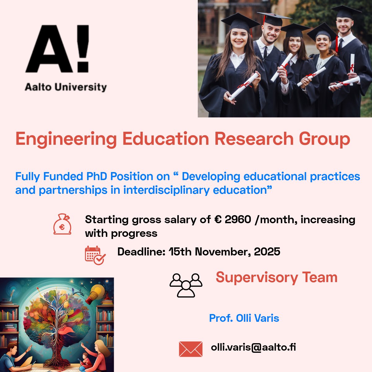 PhdScanner's tweet image. 📢📢 Fully Funded #phdposition alert. Please ♻ share widely.

💶 𝗦𝘁𝗮𝗿𝘁𝗶𝗻𝗴 𝗴𝗿𝗼𝘀𝘀 𝘀𝗮𝗹𝗮𝗿𝘆 𝗼𝗳 € 𝟮𝟵𝟲𝟬 /𝗺𝗼𝗻𝘁𝗵, 𝗶𝗻𝗰𝗿𝗲𝗮𝘀𝗶𝗻𝗴 𝘄𝗶𝘁𝗵 𝗽𝗿𝗼𝗴𝗿𝗲𝘀𝘀

✅Passionate about #Education #ActionResearch #teaching 🎓📚💡🤝

✅ Rare fully funded,…