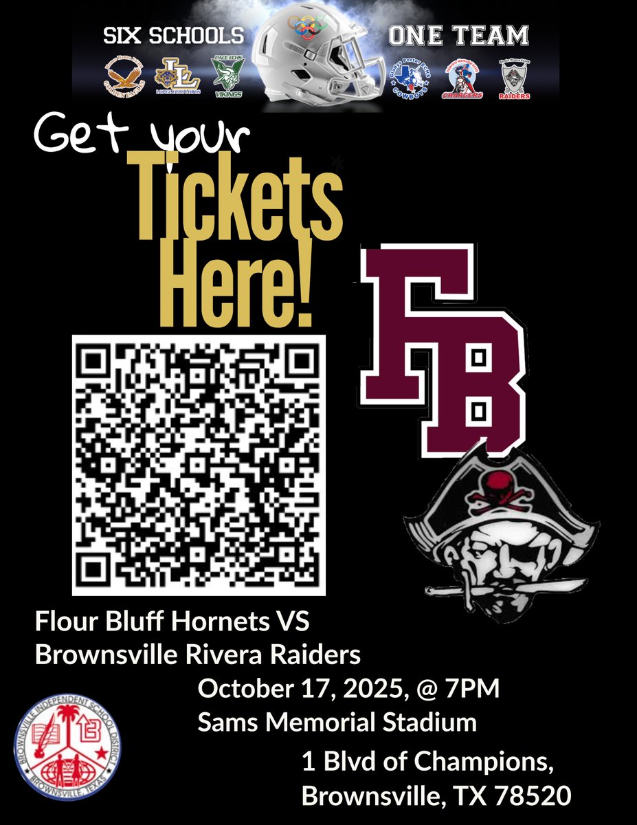 🏈 Friday Night Lights in Brownsville! 🏈
🐝 Flour Bluff Hornets vs ☠️ Rivera Raiders
📅 October 17, 2025
🕖 Kickoff at 7 PM
📍 Sams Memorial Stadium
1 Blvd of Champions, Brownsville, TX
🎟️ Get your tickets now!
#SixSchoolsOneTeam
#RiveraRaiders #TexasHSFootball #FNLights