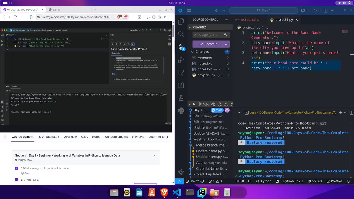 0xSayandip's tweet image. #100daysofCode 🙂
#Day2 👐👐
Day 2 ✅ done🎯🎯
100 Days of Code:The Complete Python Pro Bootcamp🚀🚀 by @yu_angela
Also the project 2 done
#pythonprogramming #pythonlearning #codingdaily #codingbootcamp #buildinpublic #codingtime #consistency
@clcoding @Python_Dv
Stay tuned. 🚀🎯