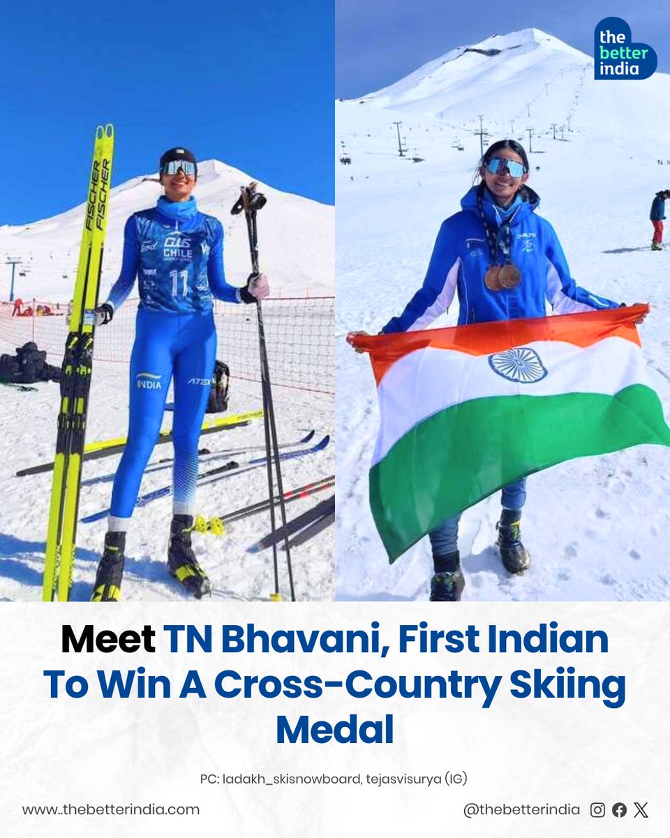 thebetterindia's tweet image. In 2013, a teenager from Kodagu sat captivated by the snow-capped mountains in Yeh Jawaani Hai Deewani.

That moment ignited a dream.

Ten years later, TN Bhavani stood on the podium in Corralco, Chile, becoming the first Indian woman to win a medal at a FIS-accredited…