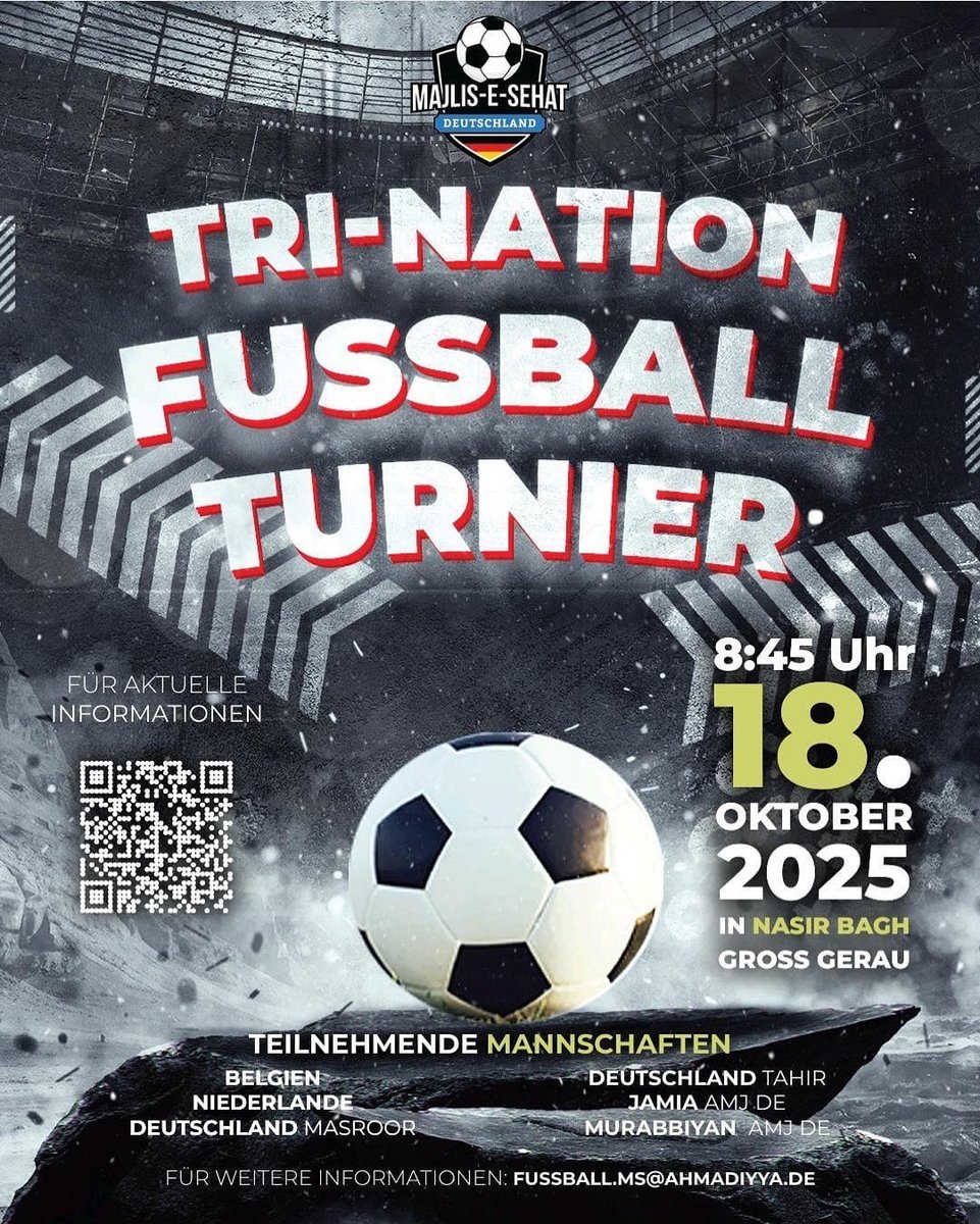 📣 Es ist soweit! Am kommenden Samstag, den 18. Oktober, findet das diesjährige „Tri-Nation Fußballturnier“ statt.

⚽️ Die Eröffnungs- und Abschlusszeremonien werden in Nasir Bagh stattfinden, die Spiele auf dem Sportgelände in der Geschwister-Scholl-Straße 15, 64521 Groß-Gerau.