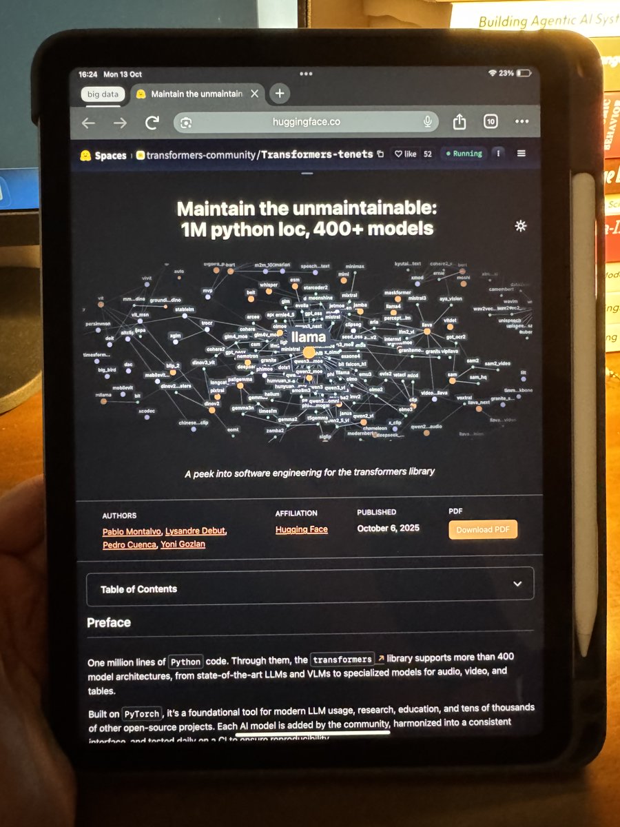 Hesamation's tweet image. I left my plans for weekend to read this recent blog from HuggingFace 🤗 on how they maintain the most critical AI library: transformers.
→ 1M lines of Python,
→ 1.3M installations,
→ thousands of contributors,
→ a true engineering masterpiece,
Here's what I learned:…
