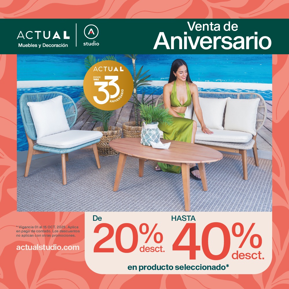 🎉 ¡Continuamos con nuestra Venta especial de Aniversario! Transforma tu hogar con descuentos de 20% hasta 40% en producto seleccionado 🏡.
📅 Vigencia del 1 al 15 de octubre
👉 actualstudio.com

#VentaDeAniversario #DescuentoUnico #Cancun   #ACTUAL33Años