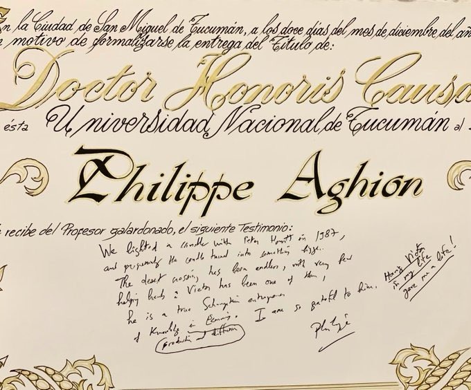 Philippe Aghion, Doctor Honoris causa (Universidad Nacional de Tucumán) 
Seguramente Víctor Elías estará festejando este Premio. También nosotros en el Instituto de Economía 
<a href="/InstEconomiaUNT/">Inveco-UNT</a>