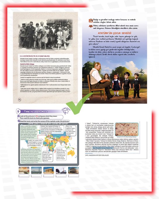 First image shows red-bordered text warning about misleading video claims on Atatürk removal from curriculum and Sharia education, with verification checkmark and details on student numbers and program stages. Second image displays historical black-and-white photos of people and maps of Australia, bordered in red with green verification, including text on statistics and locations. Third image features yellow-bordered educational book pages with photos of historical figures like Atatürk, maps, and text on reforms, with green verification mark. Fourth image includes red-bordered documents on Mustafa Kemal Atatürk, geometric diagrams, crowd photos, and text on education reforms, with green verification.