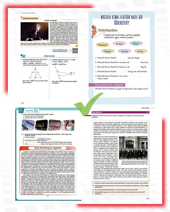 First image shows red-bordered text warning about misleading video claims on Atatürk removal from curriculum and Sharia education, with verification checkmark and details on student numbers and program stages. Second image displays historical black-and-white photos of people and maps of Australia, bordered in red with green verification, including text on statistics and locations. Third image features yellow-bordered educational book pages with photos of historical figures like Atatürk, maps, and text on reforms, with green verification mark. Fourth image includes red-bordered documents on Mustafa Kemal Atatürk, geometric diagrams, crowd photos, and text on education reforms, with green verification.
