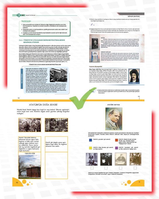 First image shows red-bordered text warning about misleading video claims on Atatürk removal from curriculum and Sharia education, with verification checkmark and details on student numbers and program stages. Second image displays historical black-and-white photos of people and maps of Australia, bordered in red with green verification, including text on statistics and locations. Third image features yellow-bordered educational book pages with photos of historical figures like Atatürk, maps, and text on reforms, with green verification mark. Fourth image includes red-bordered documents on Mustafa Kemal Atatürk, geometric diagrams, crowd photos, and text on education reforms, with green verification.