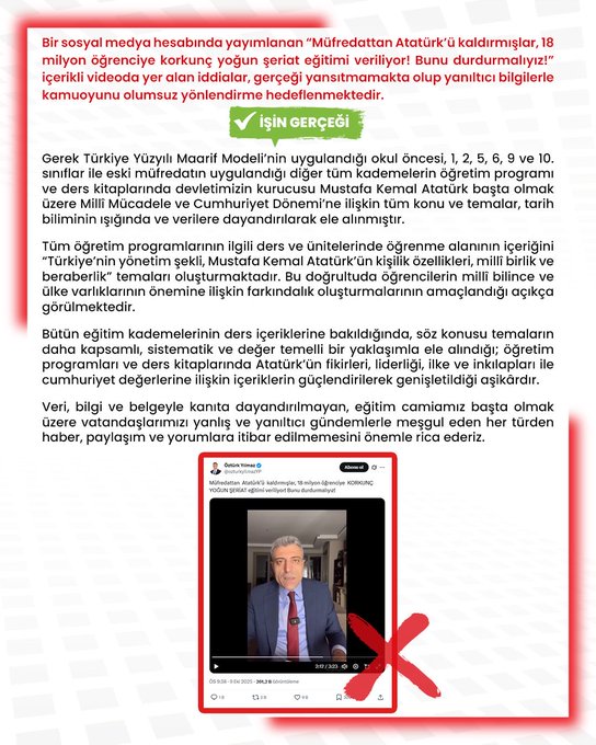 First image shows red-bordered text warning about misleading video claims on Atatürk removal from curriculum and Sharia education, with verification checkmark and details on student numbers and program stages. Second image displays historical black-and-white photos of people and maps of Australia, bordered in red with green verification, including text on statistics and locations. Third image features yellow-bordered educational book pages with photos of historical figures like Atatürk, maps, and text on reforms, with green verification mark. Fourth image includes red-bordered documents on Mustafa Kemal Atatürk, geometric diagrams, crowd photos, and text on education reforms, with green verification.