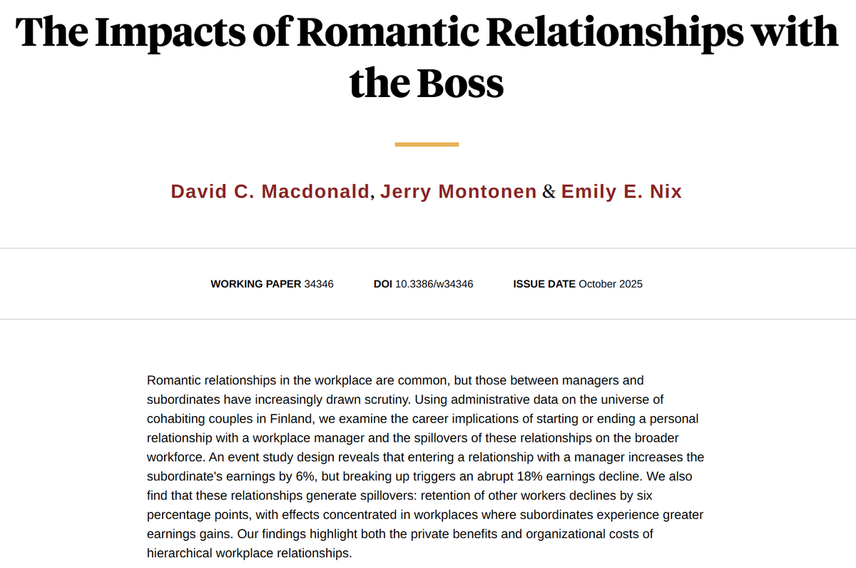 florianederer's tweet image. Dating your boss comes with risks and rewards.
New research from Finland shows subordinates' earnings rise 6% after starting a relationship with their manager but fall 18% after a breakup.
Unsurprisingly, it also hurts team morale and retention.