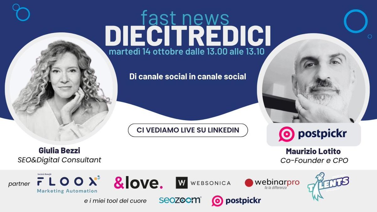📆 Domani 14 ottobre, il nostro Co-Founder <a href="/mauriziolotito/">Maurizio Lotito</a>, sarà ospite di @giuliabezzi nel suo format “DIECITREDICI”.

Un’occasione per approfondire temi strategici con due grandi professionisti.

Ci vediamo live su LinkedIn dalle 13:00 alle 13:10! ⤵️ linkedin.com/events/7383451…