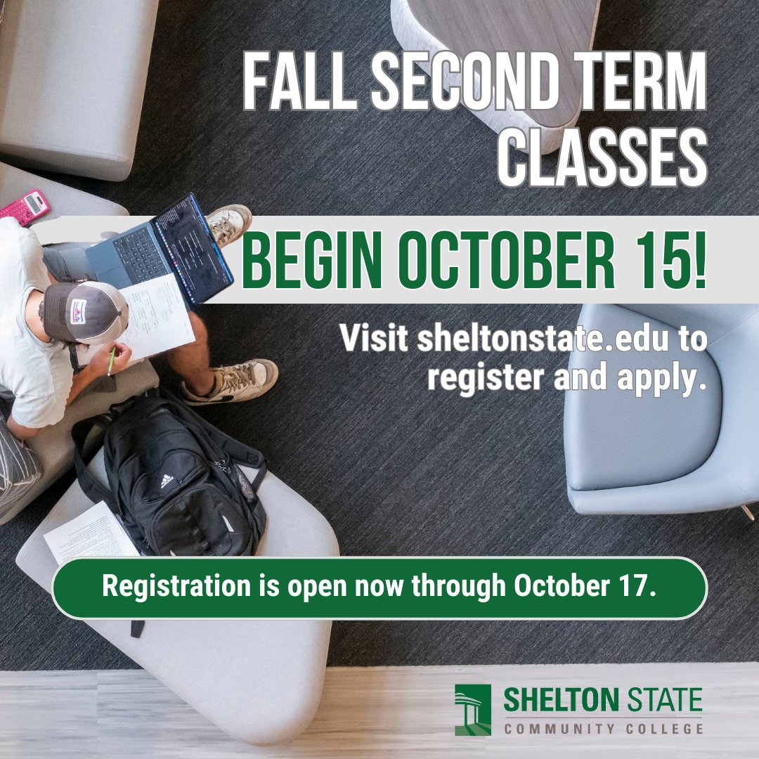 My Shelton State (@sheltonstate) on Twitter photo It's the final countdown! ⏰ Fall second term courses begin this week, but there is still time to register! Classes begin Wednesday, October 15. Drop/add and late registration will run through Friday, October 17 at noon. 
Visit sheltonstate.edu/register to learn more. It's the final countdown! ⏰ Fall second term courses begin this week, but there is still time to register! Classes begin Wednesday, October 15. Drop/add and late registration will run through Friday, October 17 at noon. 
Visit sheltonstate.edu/register to learn more.