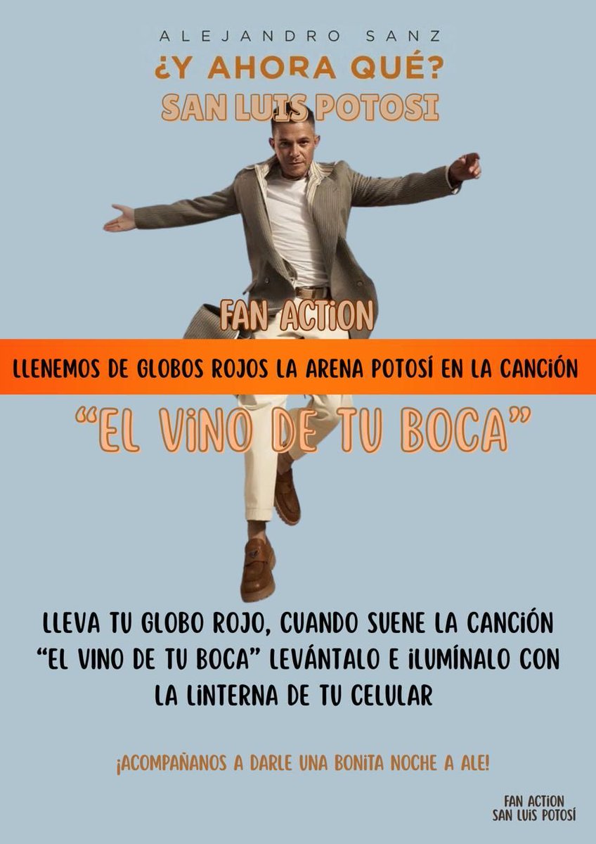 #YAhoraQué 
Siguiente parada: San Luis Potosí 💫
Alejandro Sanz llega a SLP y queremos invitar a todos los corazones potosinos a unirse al Fan Action de esa noche:

❤️ Durante la canción “El vino de tu boca”, levantemos nuestros globos rojos e iluminémoslos con la linterna del