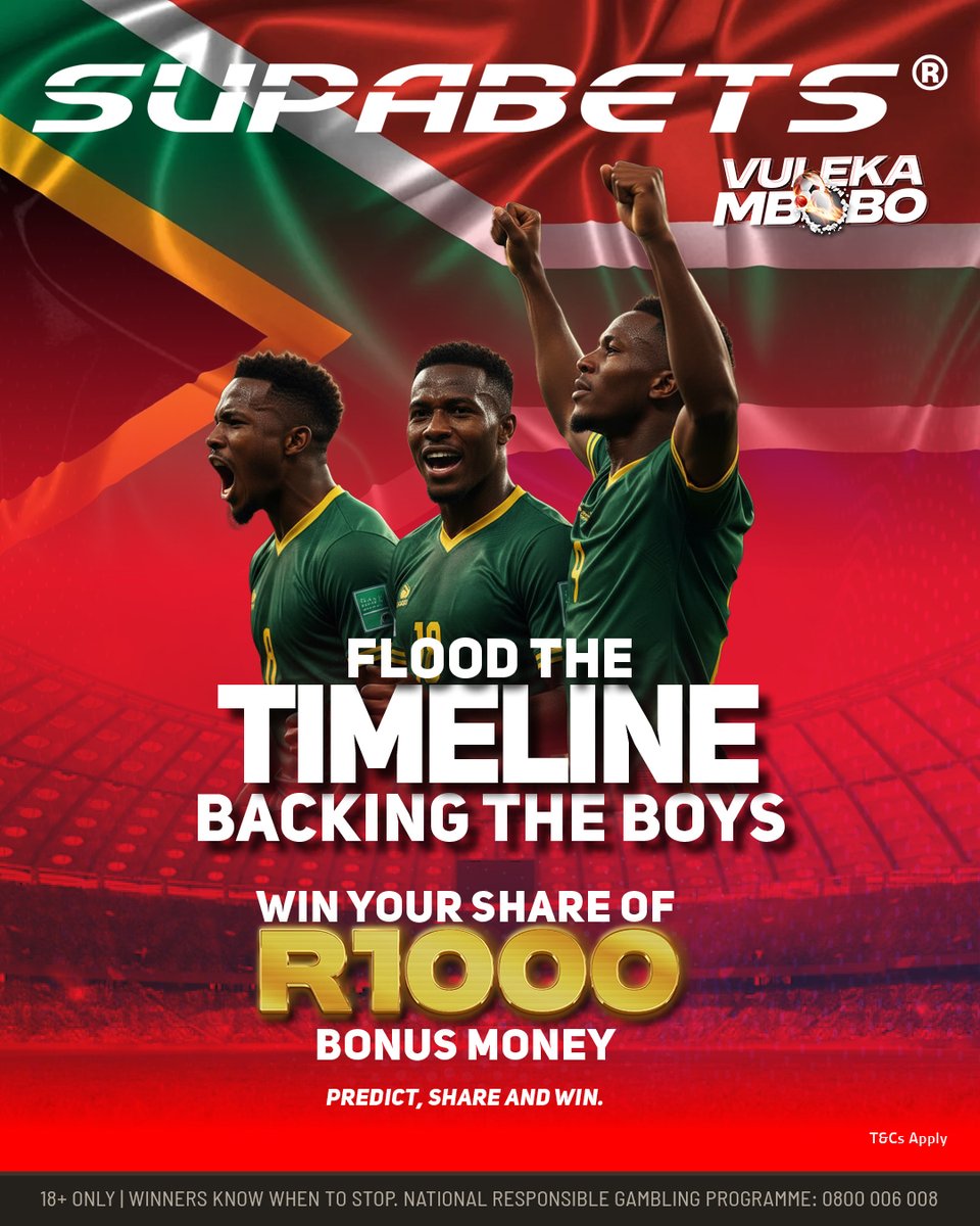 Supabets_mzansi's tweet image. 🔥 TASK IS SIMPLE, Mzansi! 🔥

🇿🇦 vs 🇷🇼 — World Cup Qualifier showdown! ⚽
500 shares before 3PM = R1000 in bonus money 💸
Let’s rally behind ABAFANA THE BOYS and show them we believe! 🙌

👉 SHARE till it reaches the squad!
#Supabets #BafanaBafana #BetWithoutRegret #WCQ2026…