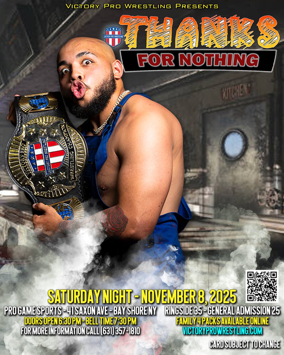 VPW_Wrestling's tweet photo. Bay Shore, are you ready? VPW is back Friday, Nov 8 for 'Thanks... for Nothing'!
Expect wild action and can't-miss moments.
Get your seats https://t.co/LB1mvUBU4y
#VPWSellsOut #Wrestling #LongIsland https://t.co/mHduqI3Ba1