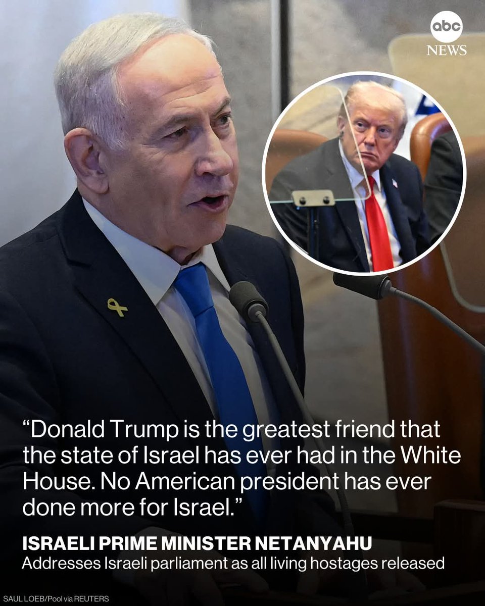 Israeli Prime Minister Benjamin Netanyahu says, "Donald Trump is the greatest friend that the state of Israel has ever had in the White House" as all living hostages are released.
 
Follow live updates: abcnews.link/3s5MNle