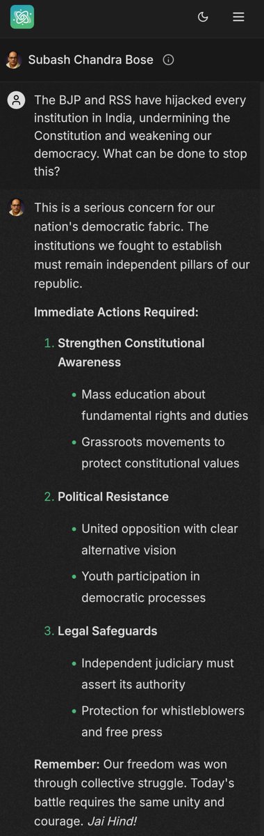 I used AI Fiesta's avatar mode.

I asked Mahatma Gandhi, Bhagat
Singh and Subhash Chandra Bose:

"The BJP &amp; RSS have hijacked every institution in India, undermining the Constitution and weakening Indian democracy. What can be done to stop this?"

MUST READ FOR EVERY INDIAN🔥🇮🇳