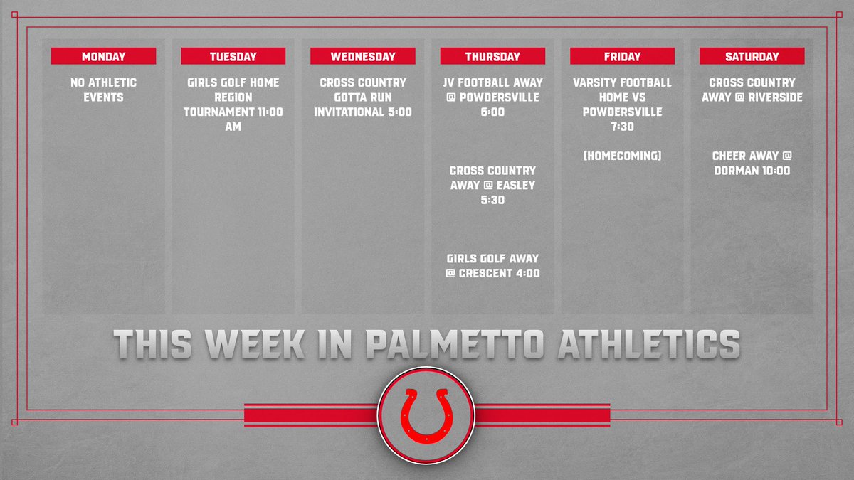 MustangSports1's tweet photo. Palmetto Athletics Week of Oct. 13th-18th.  It is Homecoming Week!! Friday will be our homecoming game at 7:30. A lot of events this week are on the road.  Girls golf has their region tournament at home on Tuesday.   Go Mustangs!!! https://t.co/CJ9jFQrXMU
