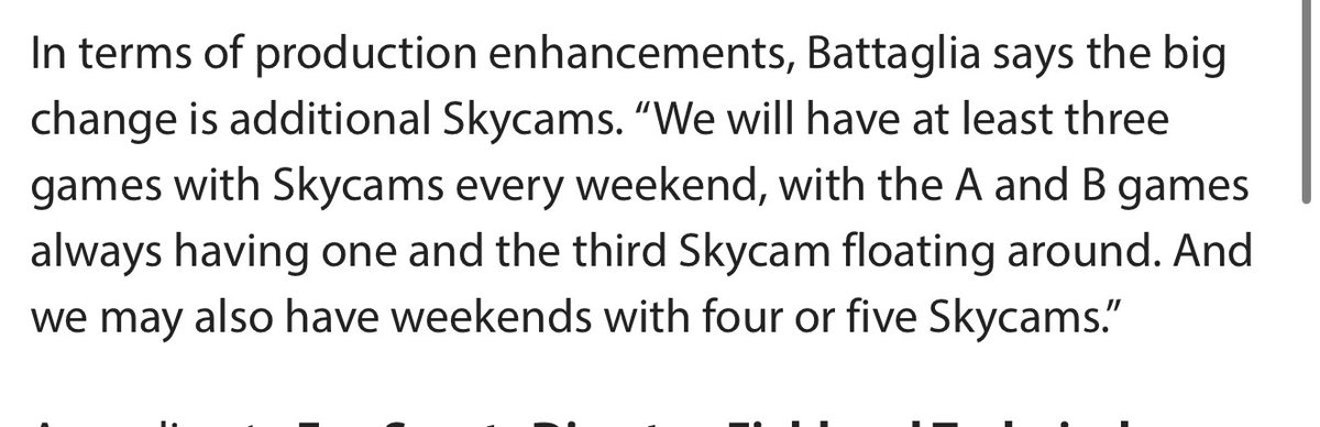 SeePup86's tweet photo. @_magowan @lorensen_randy @Schultz_Report Sorry dude but you’re flat out wrong.  This article is from 2023 and they’ve only expanded sky cam use.  There are always multiple skycams for NFL games and even more for higher profile games like those in the UK. https://t.co/2BqtcB8Yim