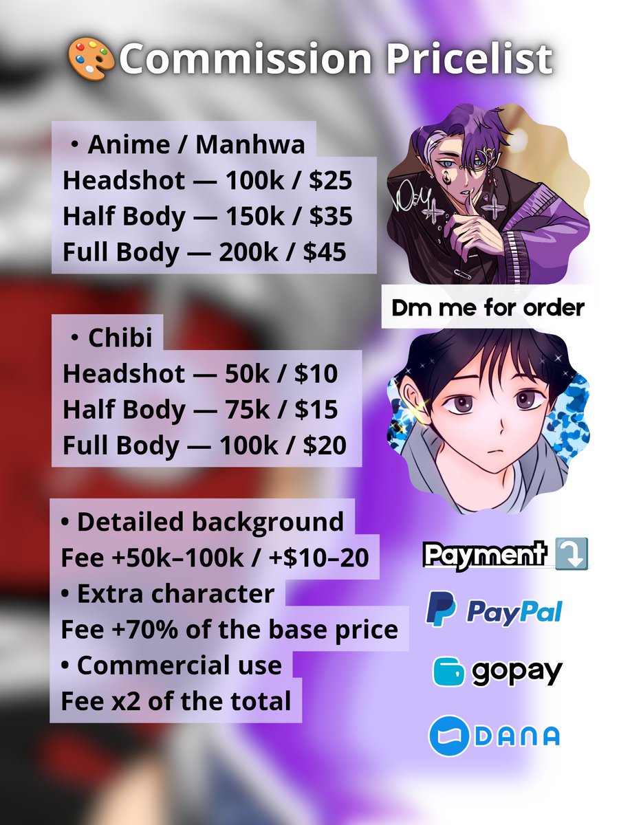 mon_digital_art's tweet photo. OPEN COMMISSION ✨ Anime/Manhwa &amp; Chibi Style!
​Time to create custom artwork of your favorite characters! 💜
Pricing details &amp; terms are on the slide.
​📩 DM for order
💰 Payment: PayPal / Gopay / Dana

#animeart #opencommission #digitalartist #chibiart #moymoniart https://t.co/zd7hK07YKc