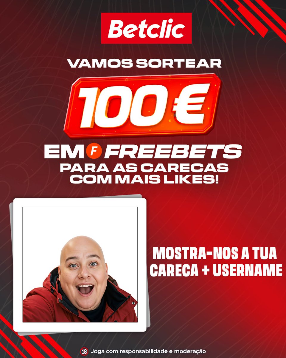 👩🏼‍🦲 Amanhã é o Dia Mundial do Careca! Vai a carecas.betclic.pt e mostra-nos como ficas. As 10 fotos com mais likes até às 15h de amanhã, damos 10€ para 10 pessoas!

- Segue a <a href="/BetclicPortugal/">Betclic Portugal 🔞</a>
- Dá RT+Like
- Partilha a foto de como ficas careca + User

Apenas 1 participação.