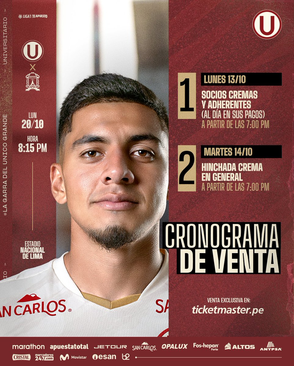 𝗔 𝗣𝗜𝗡𝗧𝗔𝗥 𝗗𝗘 𝗖𝗥𝗘𝗠𝗔 𝗘𝗟 𝗡𝗔𝗖𝗜𝗢𝗡𝗔𝗟 💛

Anunciamos el cronograma de venta de entradas para nuestro partido ante Ayacucho FC por la fecha 15 del Clausura 2025.

🎟️ Adquiere tus entradas a través de <a href="/TicketmasterPE/">Ticketmaster Perú</a>.

#LaGarraDelÚnicoGrande
