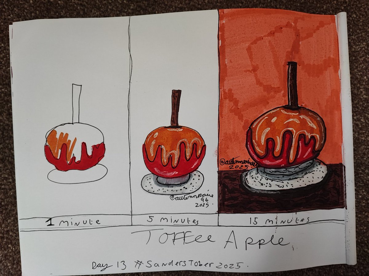 Autumnraine96's tweet image. Day 13 of #Sanderstober2025

Take your favorite fall treat and do
the classic art challenge: draw it in a minute, draw it in five minutes, and then draw it one last time in fifteen minutes! 
🍎I tried to do a toffee apple 🍎 
@ThomasSanders 
#fander #fanders #thomassanders