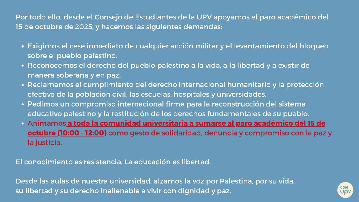 📢 Desde el Consejo de Estudiantes de la UPV convocamos el paro académico ante la destrucción y ocupación del pueblo palestino  

🗓️15 de octubre  
🕛(10:00–12:00) 

Todos los detalles en la web 👇
ceupv.es/noticias/posce…