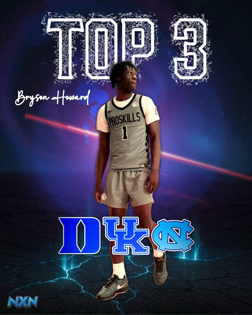 BigBlueDylan's tweet photo. NEW: 5⭐️ SG Bryson Howard (#11 NXN) is down to 3 schools! @bryson_howard5 

Kentucky
Duke
North Carolina 

Bryson is coming off his official visit to Kentucky, which was his final visit.

Where will Bryson end up?

#BBN #KentuckyBasketball https://t.co/5mG2eUJBQT