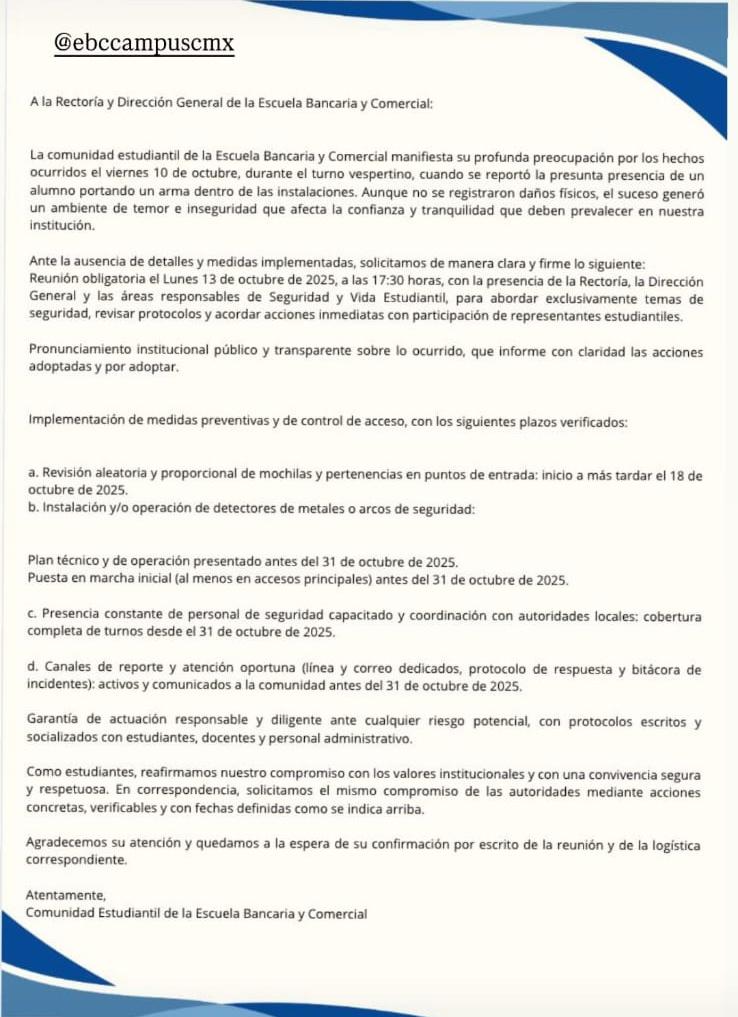 <a href="/LaEBC/">EBC</a> <a href="/SSC_CDMX/">SSC CDMX</a> <a href="/LaCronicaDeHoy/">La Crónica de Hoy</a> <a href="/PabloVazC/">Pablo Vázquez Camacho</a> Ante la falta de información de lo ocurrido con el alumno armado dentro de <a href="/LaEBC/">EBC</a>, y ausencia de medidas por parte de la escuela, los alumnos piden reunión con el Rector, pronunciamiento público sobre lo ocurrido y medidas preventivas.