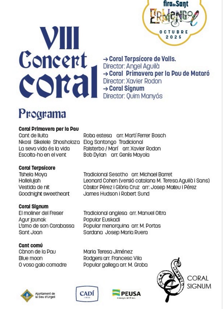 Diumenge 19/10 participarem al VIII concert coral a #laSeudUrgell, amb la coral Terpsícore, de Valls, i la coral Signum