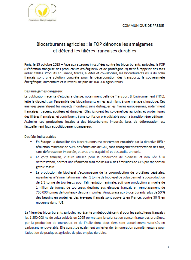 🚨 La FOP dénonce les amalgames contre les #biocarburants agricoles !
Produits en 🇫🇷, tracés, audités et durables, ils sont une solution concrète pour :
✅ la décarbonation des transports
✅ la souveraineté énergétique &amp; alimentaire
✅ le revenu de +100 000 agriculteurs.