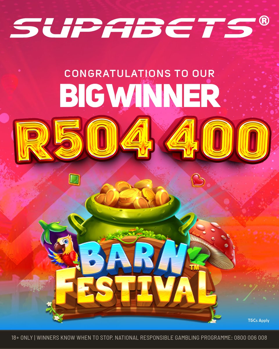 Supabets_mzansi's tweet photo. ๐จ The barnโs gone WILD! ๐จ
One SupaPlayer just harvested R504,400 playing Barn Festival ๐ฝ๐ฐWho knew farming could be this profitable? ๐
Your turn to rake it in ๐ https://t.co/RHyK6lSdAi
#Supabets #BigWinner #BarnFestival #BetWithoutRegret #SupaWin https://t.co/ciQTXCB2CW