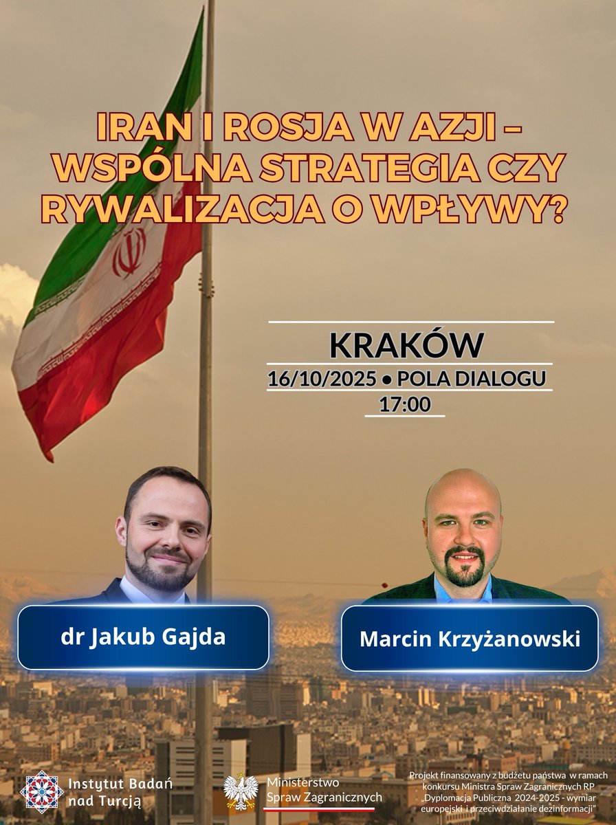 📢  Zapraszamy na debatę: "#Iran i #Rosja w Azji: wspólna strategia czy walka o wpływy?"

🎙️ W rozmowie wezmą udział dr <a href="/JakubGGajda/">Jakub Gajda🇵🇱</a> i <a href="/makrzyz/">Marcin Krzyżanowski</a> . Debatę poprowadzi <a href="/justyna_oszust/">Justyna Oszust</a>.

🕔 16/10/2025, godz. 17:00
📍 Pola Dialogu, ul. Stradomska 6, Kraków

➡️ facebook.com/events/s/iran-…