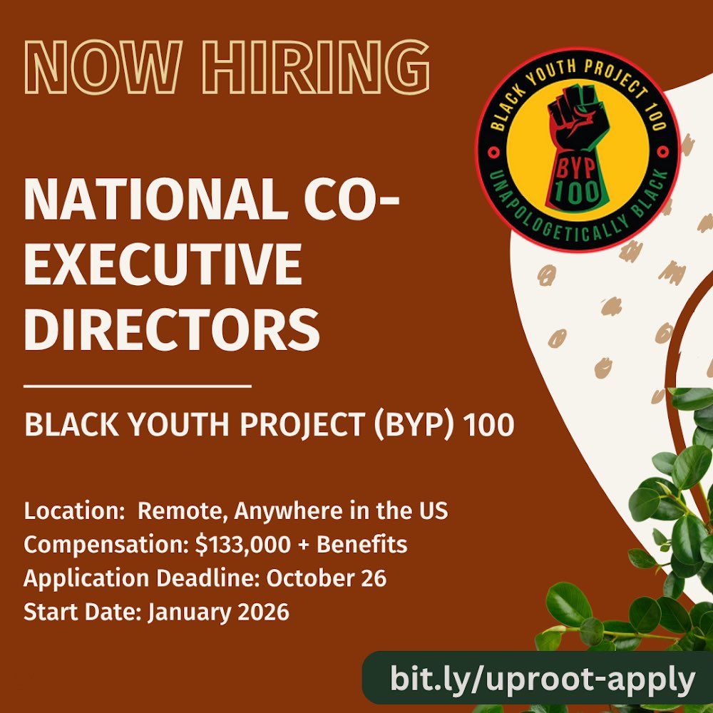 UprootTalent's tweet photo. We’re proud to partner w/ Black Youth Project 100 @byp100 in search for their next National Co-Executive Directors: one focused on Ops + Development and the other on Organizing + Programs. #Remote. $133k. Learn more: https://t.co/2OVQZkQDi6 #BlackLiberation #NowHiring #Mobilize https://t.co/d5FhqLQzJO
