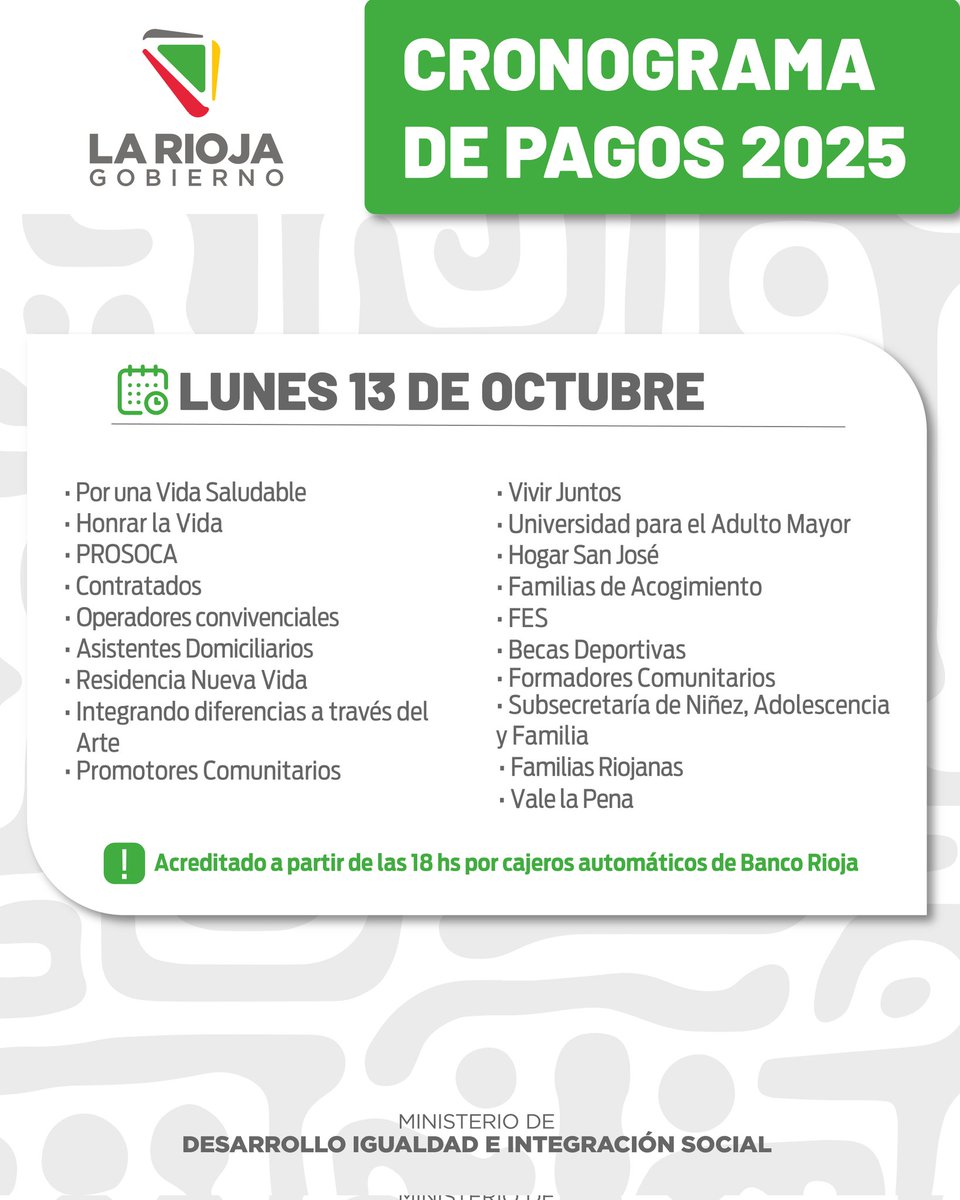 Min. de Desarrollo, Igualdad e Integración Social (@lrdesarrollo) on Twitter photo Cronograma de pago de Octubre para programas de nuestro Ministerio. Acreditados a partir de las 17 hrs ✅. Cronograma de pago de Octubre para programas de nuestro Ministerio. Acreditados a partir de las 17 hrs ✅.