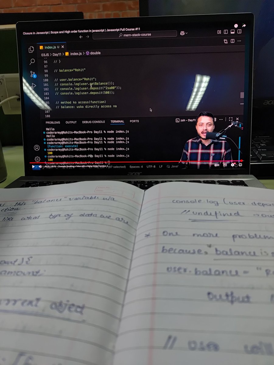 itis_samarth's tweet image. #DAY26 #MERN_STACK
Due to cold unable to take lectures but now I'm good to go.
Swaad Aagya Bhaiya✨️
▫️Closure, Scope and higher order of functions...
▫️Global, inblock, Functional.
▫️Closure Indepth internal working.
▫️Real World use case, Banking.
Thanks @rohit_negi9 bhaiya 🔥