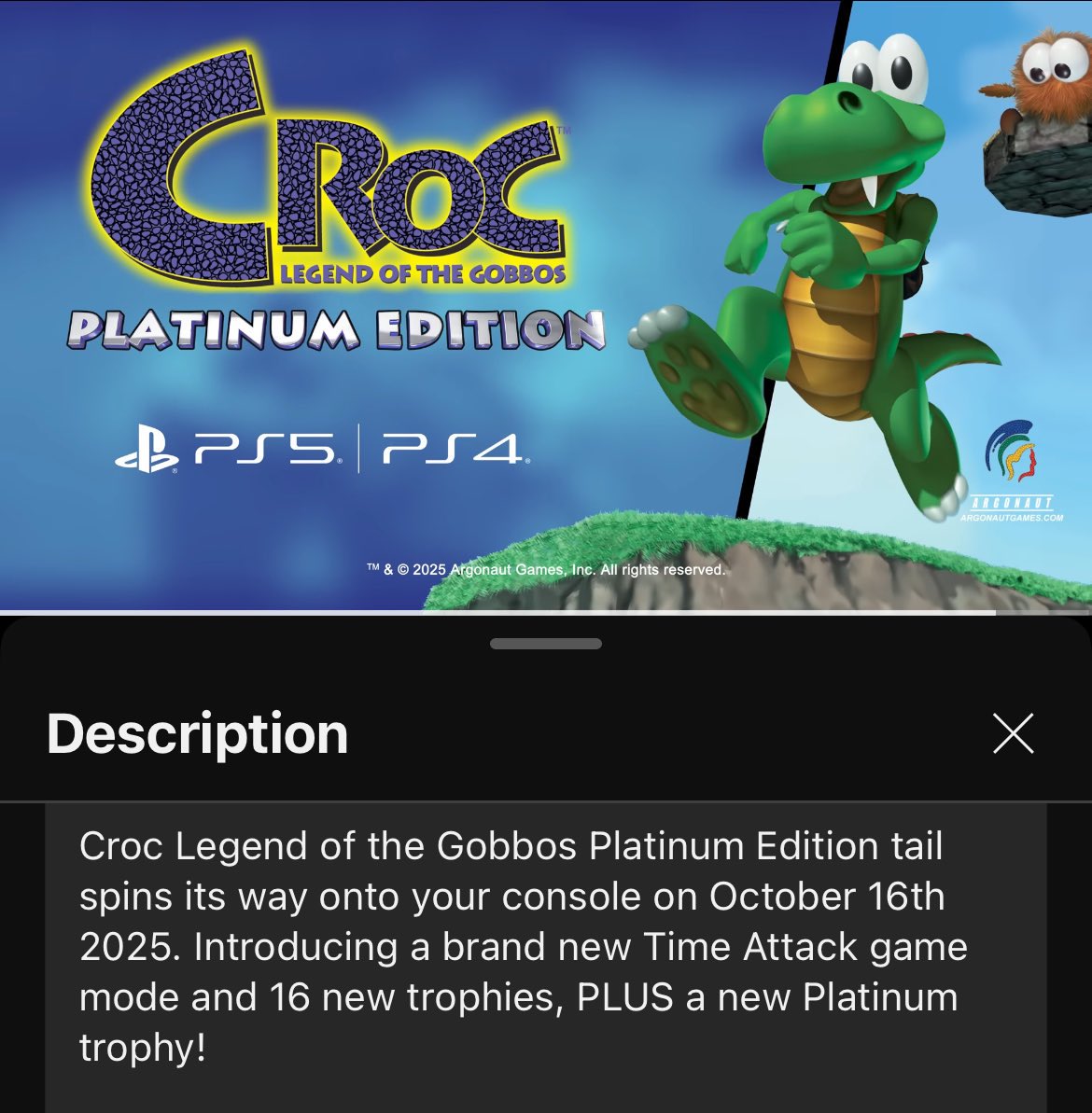 Croc is getting a Platinum trophy! 🙌