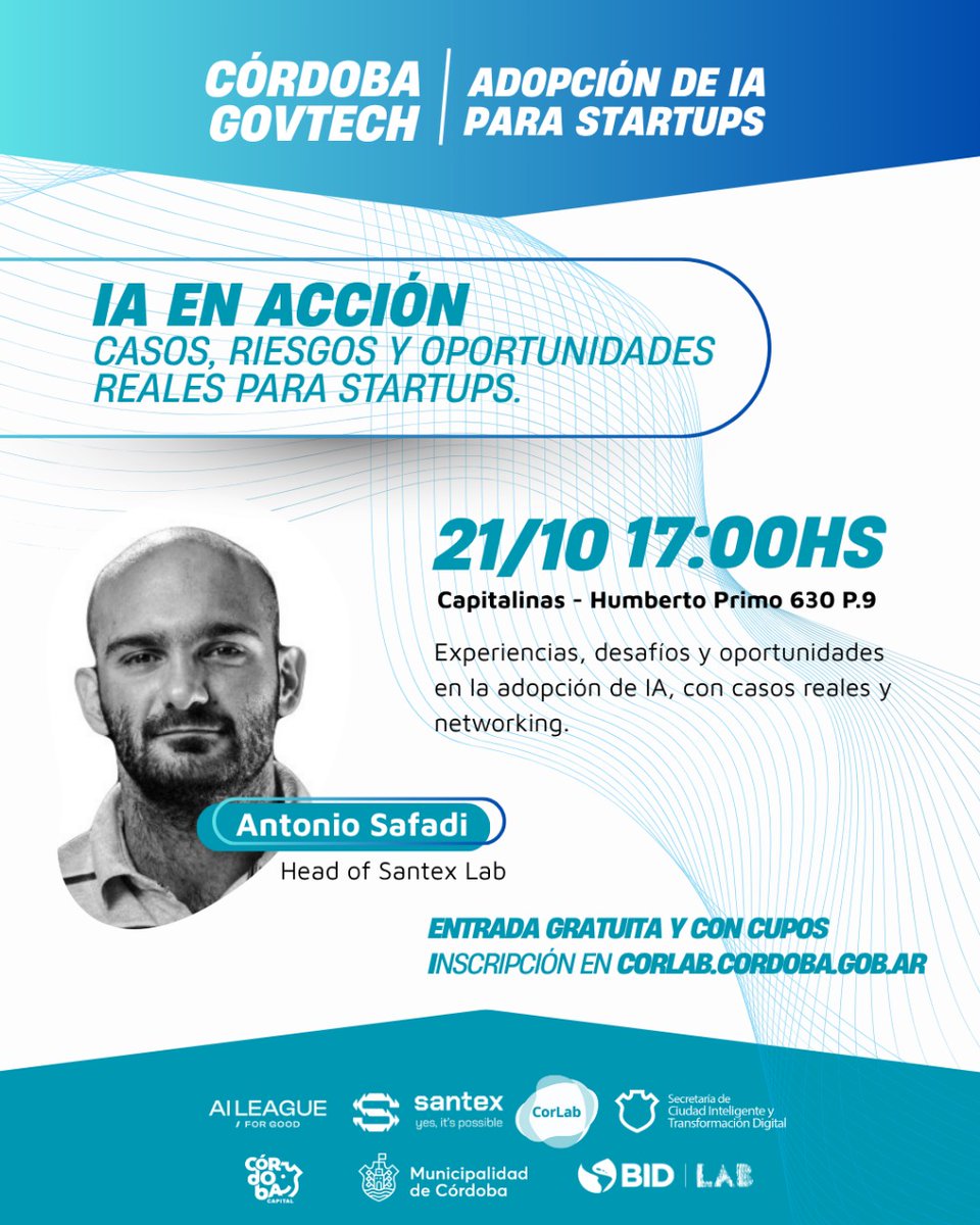 CorLab (@corlabgob) on Twitter photo 💡IA en acción: casos, riesgos y oportunidades reales para startups
Charla abierta con <a href="/AntonioSafadi/">Antonio Safadi</a> , en el marco del programa Adopción de IA para Startups, una iniciativa de <a href="/corlabgob/">CorLab</a> y <a href="/IDB_Lab/">IDB Lab</a> , junto a <a href="/SantexGroup/">Santex Group</a> y <a href="/AILeagueforGood/">AILeagueforGood</a>
+ Info: bit.ly/4n0zvbe 💡IA en acción: casos, riesgos y oportunidades reales para startups
Charla abierta con <a href="/AntonioSafadi/">Antonio Safadi</a> , en el marco del programa Adopción de IA para Startups, una iniciativa de <a href="/corlabgob/">CorLab</a> y <a href="/IDB_Lab/">IDB Lab</a> , junto a <a href="/SantexGroup/">Santex Group</a> y <a href="/AILeagueforGood/">AILeagueforGood</a>
+ Info: bit.ly/4n0zvbe