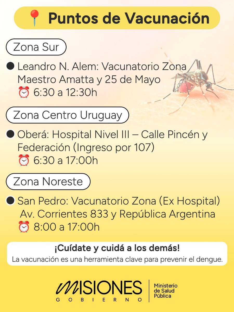 ❗❗Vacuna contra el dengue: se inicia la campaña 2025 para la población de 15 a 59 años con primeras y segundas dosis

Más info: salud.misiones.gob.ar/vacuna-contra-…