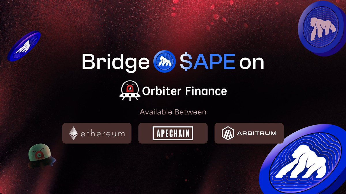 Orbiter Finance 🛸 (@orbiter_finance) on Twitter photo ApeChain is now supported on Orbiter Finance. 
🌉 Bridge $APE between Ethereum, Apechain, and Arbitrum.
🌉 Bridge $ETH to ApeChain from 27+ networks.
Expanding your access within the <a href="/apecoin/">ApeCoin</a> ecosystem. ApeChain is now supported on Orbiter Finance. 
🌉 Bridge $APE between Ethereum, Apechain, and Arbitrum.
🌉 Bridge $ETH to ApeChain from 27+ networks.
Expanding your access within the <a href="/apecoin/">ApeCoin</a> ecosystem.