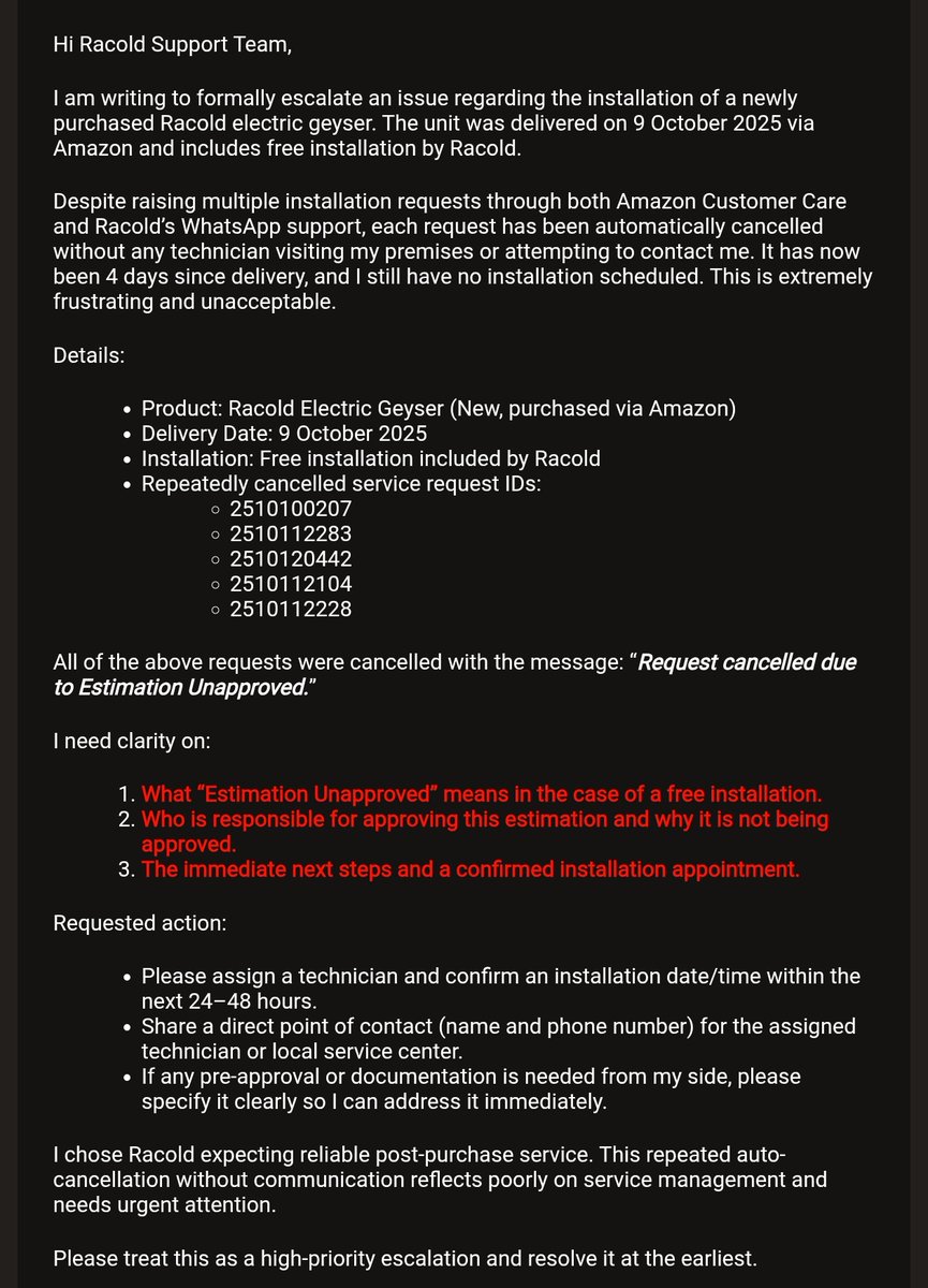 ashvini_sunny's tweet image. @RacoldIndia Your free geyser installation service is pathetic! 4 days, multiple cancelled requests (e.g., 2510100207...), and no one has shown up. "Estimation Unapproved" for a free install? Seriously? Need urgent help! #Racold #CustomerServiceFail #InstallationNightmare