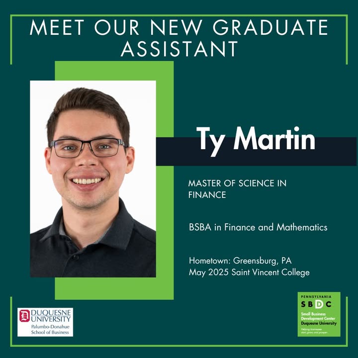 Welcome Ty Martin. He is pursuing his Master's of Science in Finance degree and will be contributing to the consulting of our small business clients.

To read about our staff, view here - sbdc.duq.edu

#dusbdc #pasbdc #graduatesssistants #smallbusinesssupport