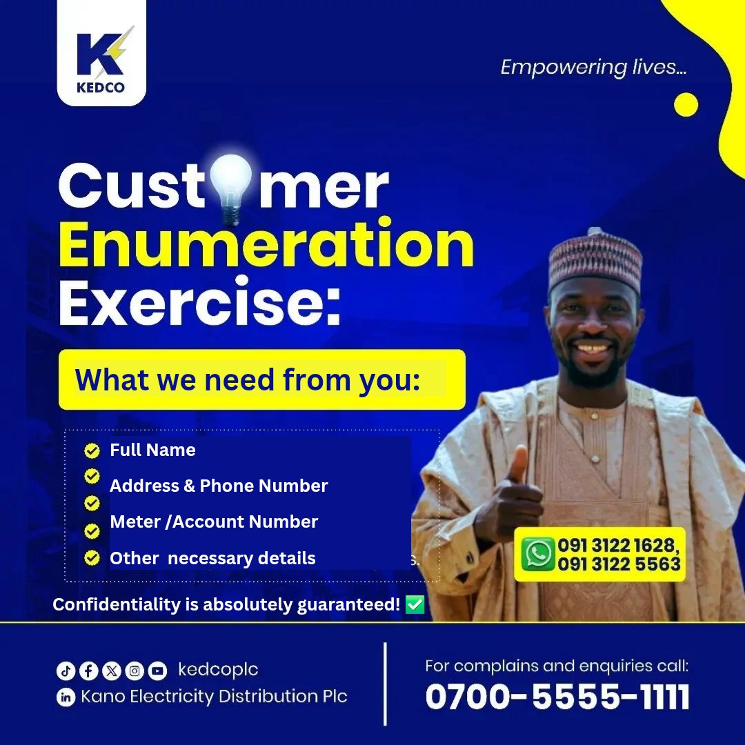 Dear Esteemed Customers,

Take part in KEDCO’s ongoing enumeration exercise, your gateway to better electricity service, improved power supply, and a more responsive system!

Why get enumerated? 
Because you matter — and accurate data helps us serve you better.